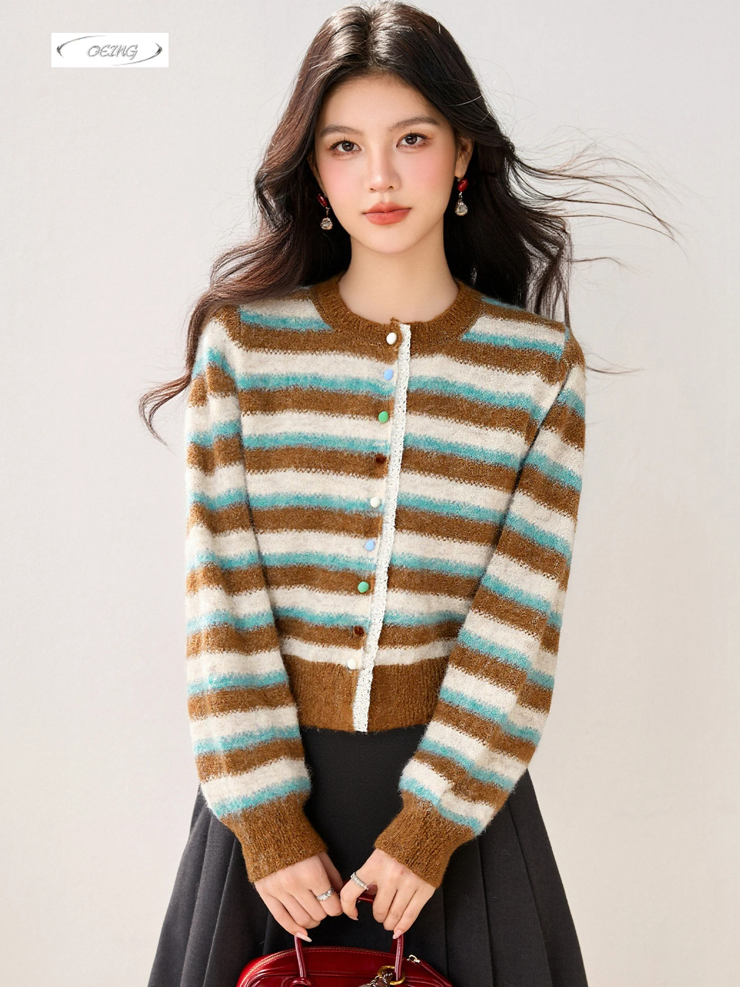 

Korean Autumn Winter New Basic Stripe Knitted Cardigan Sweater for Women Elegant Lace Spliced Long Sleeve Short Knitwear 9687