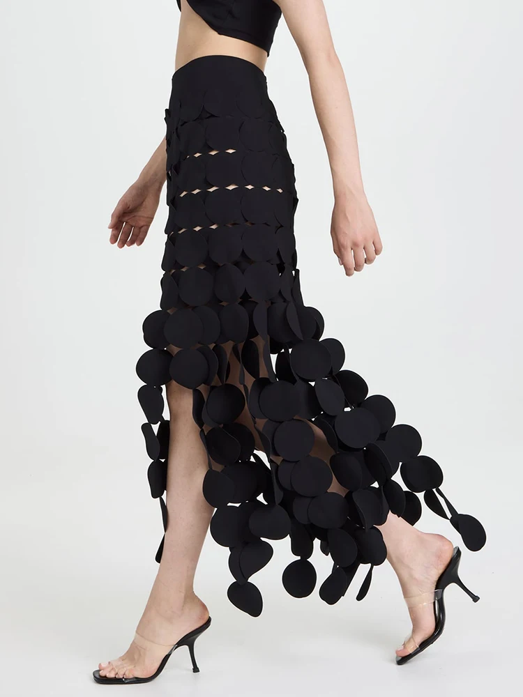 TWOTWINSTYLE Patchwork Tassel Loose Long Skirt For Women High Waist Solid Minimalist Midi Skirts Female Fashion Clothes 2024 New