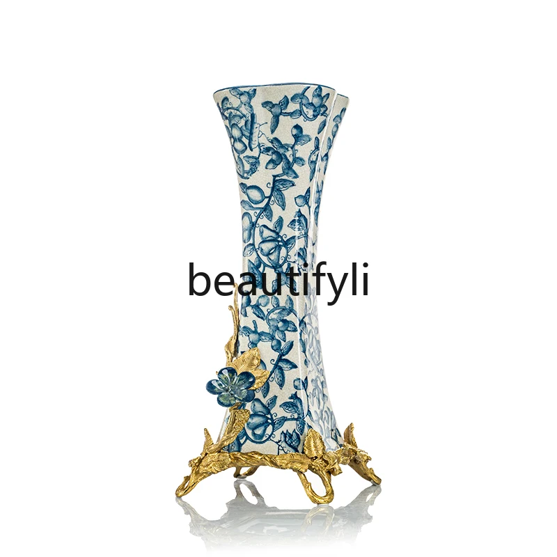 New Chinese high-end luxury living room entrance model room blue and white porcelain ornament