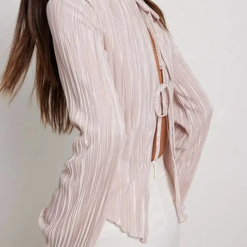 قميص نسائي جديد مثير برباط وردي لعام 2025 بلوزات صيفية بأكمام طويلة بلوزات نسائية عصرية مريحة ذات ثنيات بلوزة نسائية #4