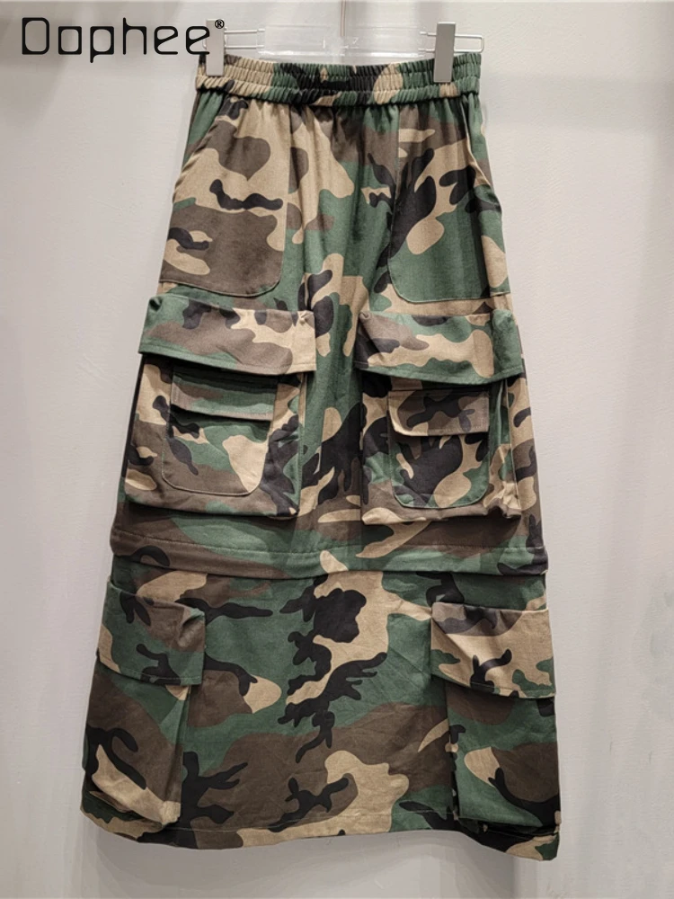 Cargo Skirt Women 2024 Spring Summer New Pocket Zipper Detachable Two-Way Wear A- Line Casual Mid-Length Camouflage Skirt