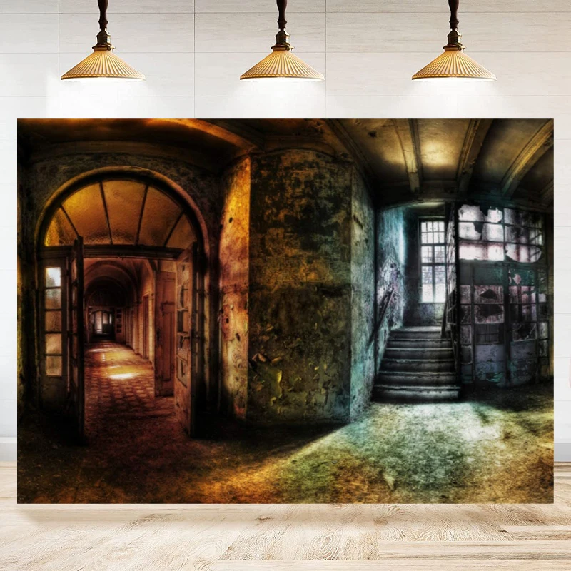 

Grunge Haunted House Photography Backdrop Scary Stairway Gloomy Aisle Dusky Corridor Gothic Background Halloween Old Building