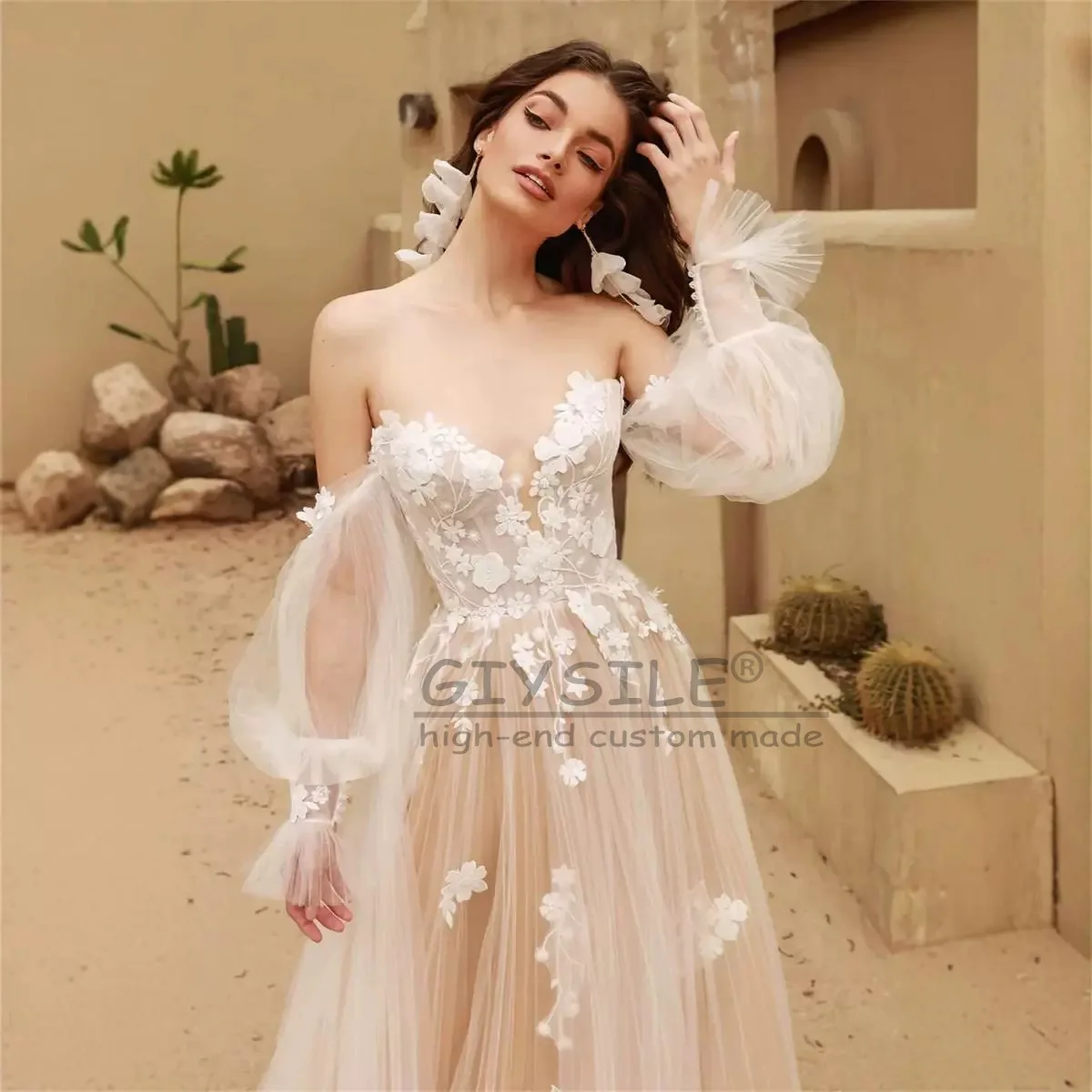 GIYSILE Customized Classic Wedding Dress Off Shoulder Half Sleeves V-Neck Applique Long Dress Woman Bridal Gowns robe de mariage