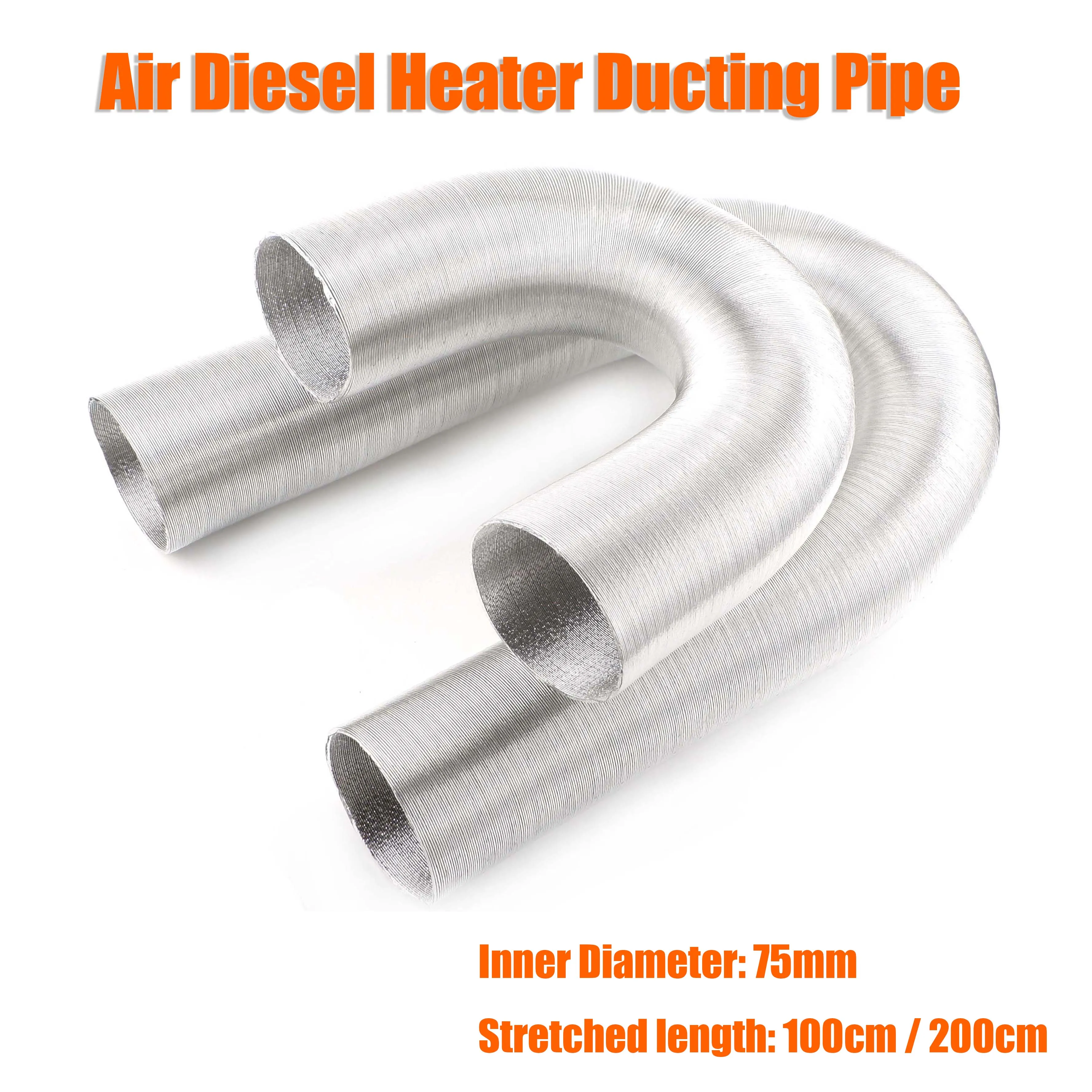 75mm ID Stretched Length 100cm / 200cm Air Diesel Heater Duct Pipe 2 Layers Aluminum Foil Tube Hose For Car Camper Caravan