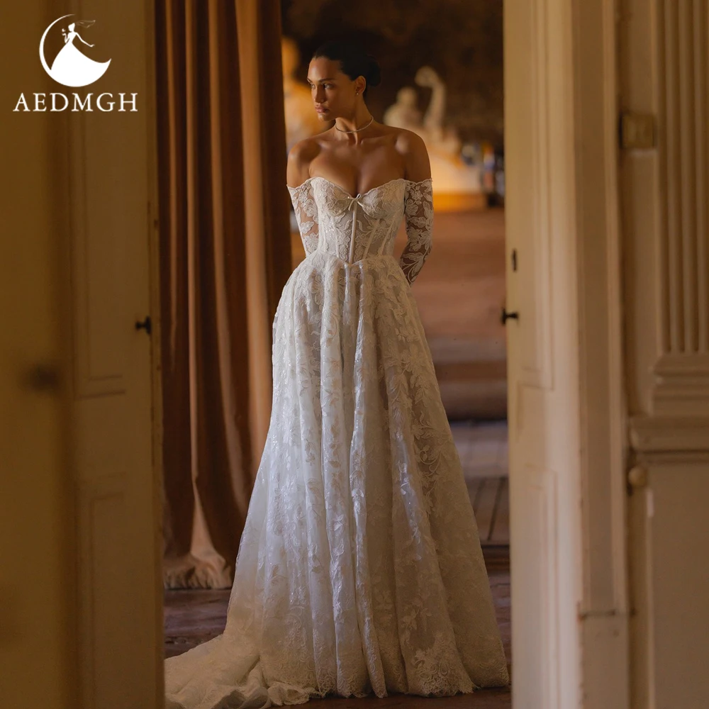 

Элегантные свадебные платья Aedmgh A-Line с открытыми плечами и вырезом в форме сердца, кружевное свадебное платье с вышивкой, свадебное платье на заказ