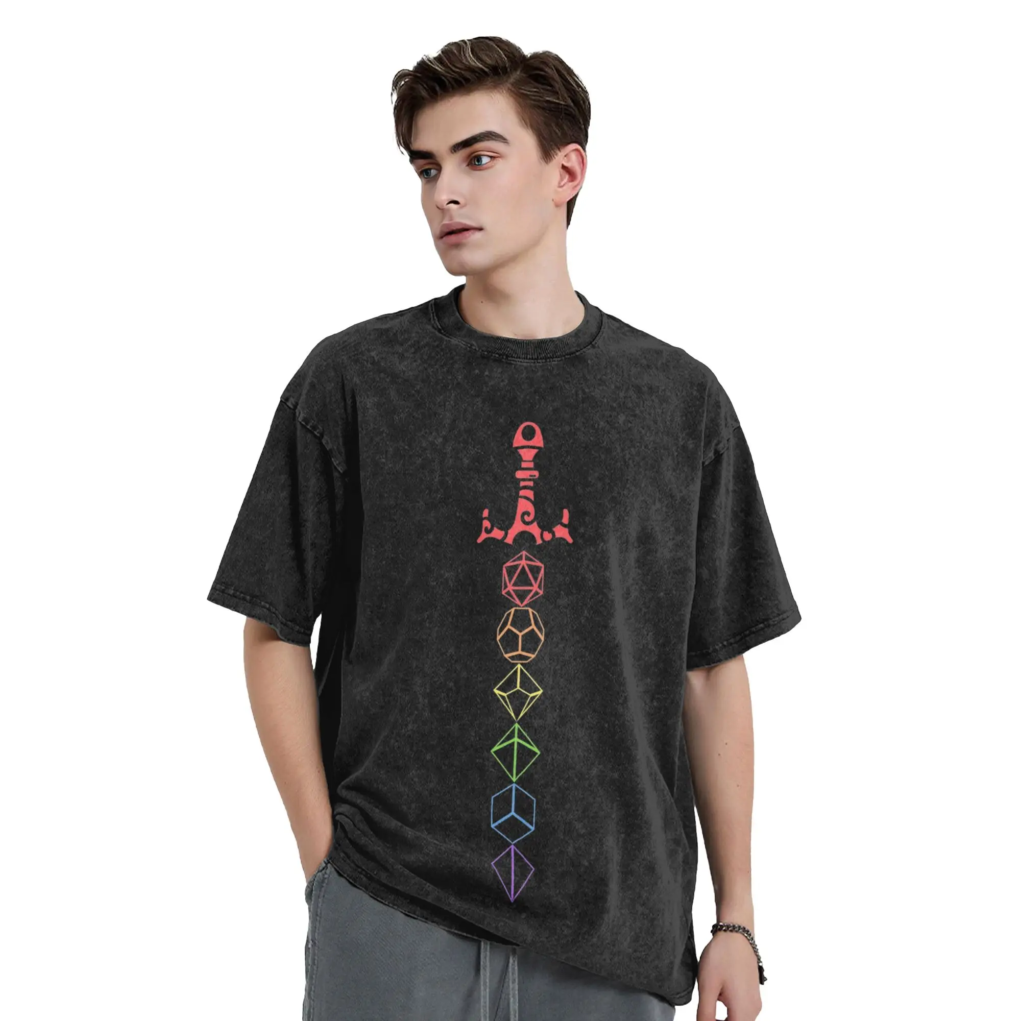 Game DnD Rainbow Dice Sword T Shirt Washed Short Sleeve Harajuku T-Shirts  Vintage Men Women Tops Streetwear Summer Tees
