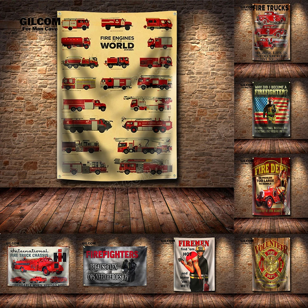 Firefight Banner Flag Fire Engines World Trucks Volunteer Decor Poster Wall Art Vintage Sign Motor Car Man Cave Pub Club Bar