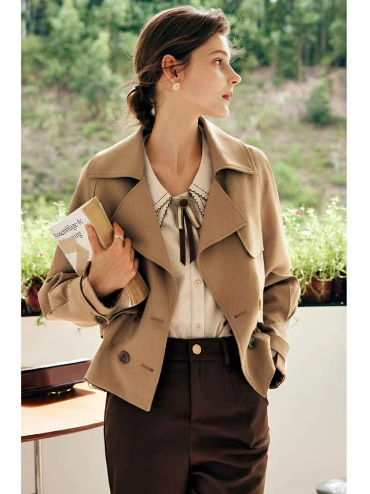 

OLrain женский модный повседневный плащ 2200, осенний повседневный короткий жакет с отложным воротником и завязками, однотонные пальто O22QW65215