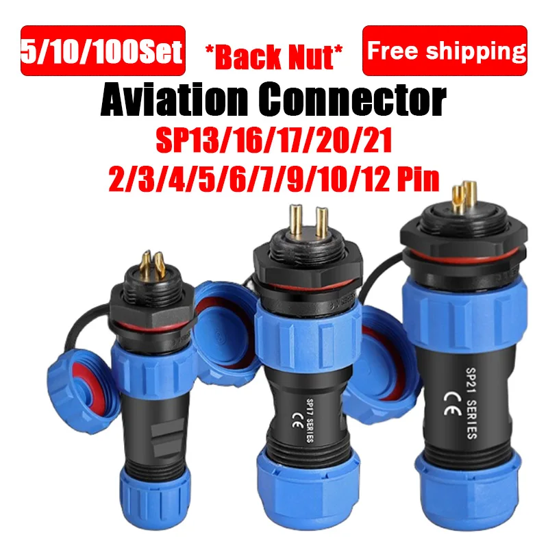 5/10/100Set SP13 16 17 20 21 Panel Mount Waterproof Aviation Connector  Electrical Cable Wire Plug Socket 2 3 4 5 6 7 9 10 12Pin