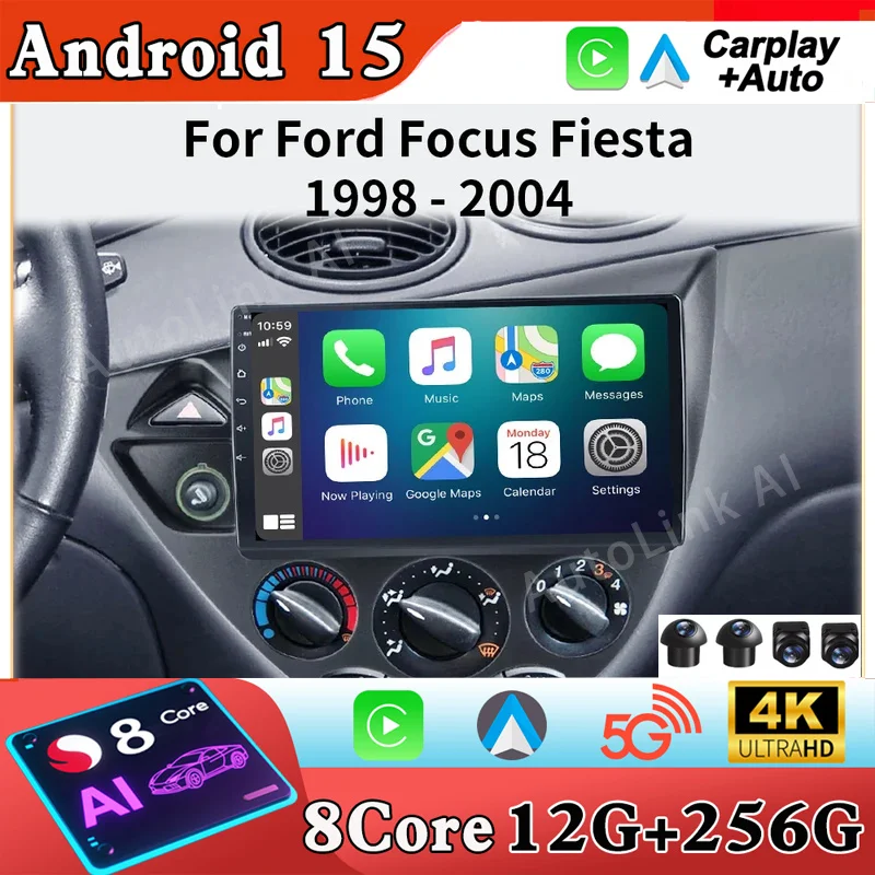 9 "Android 15 para Ford Fiesta 1995-2001 Focus MK1 1998-2004 Multimedia Radio de coche estéreo Carplay Autoradio unidad principal Auto 5G DVD
