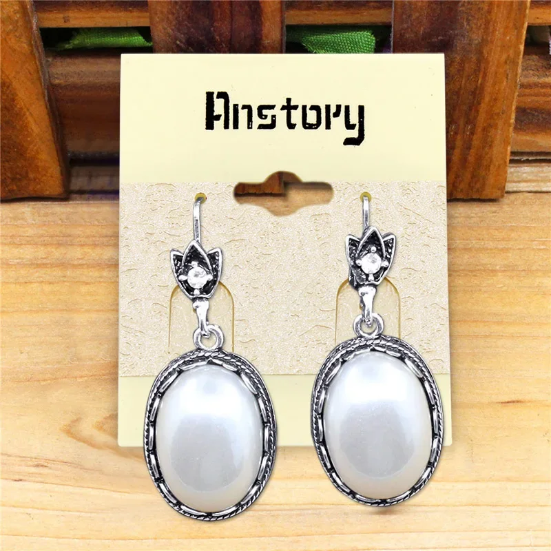 Anstory Pearl Earrings For Women Double Layer Flower Pendant Hook Antique Silver Plated Fashion Jewelry TE288