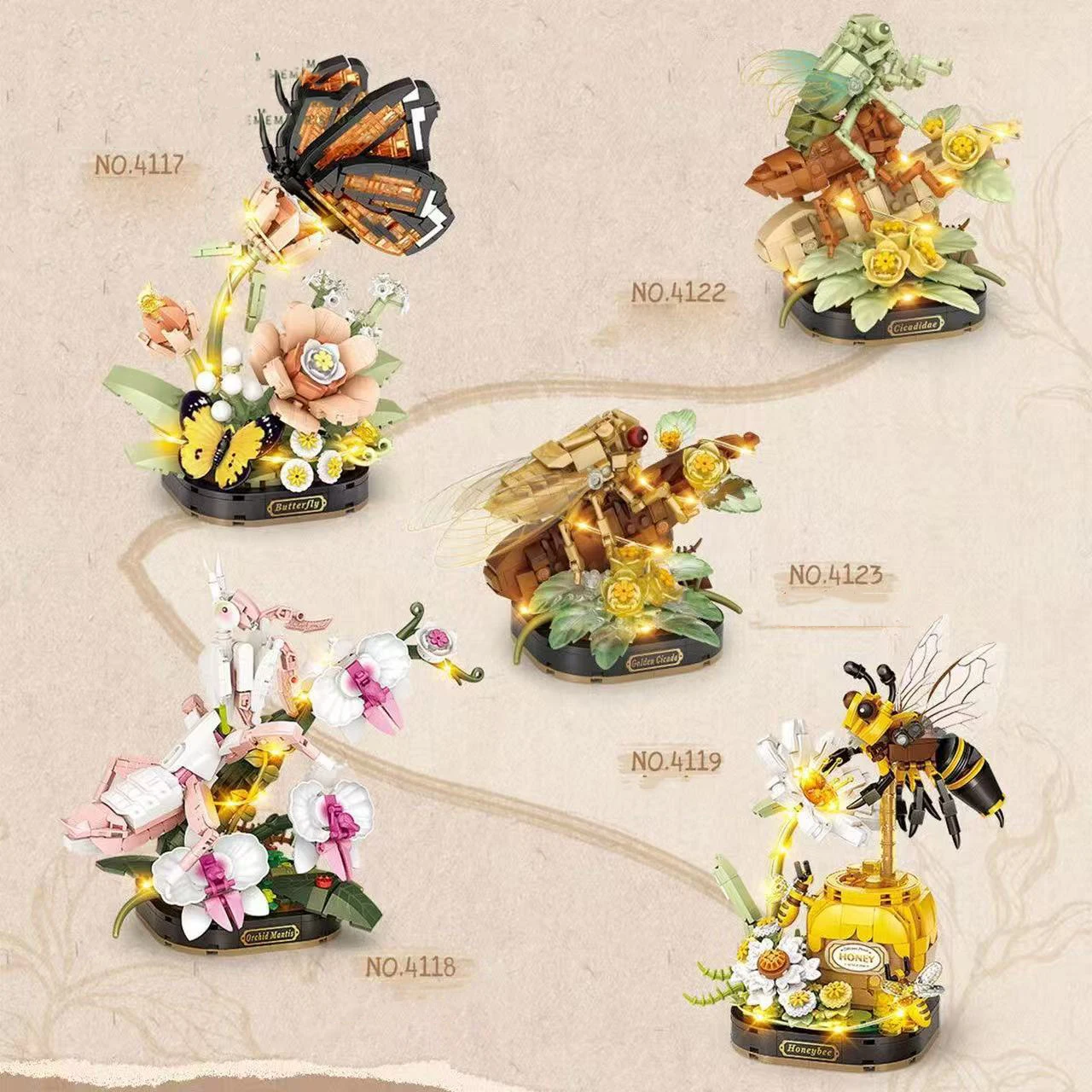 

Idea Insects World Mini Block Common Butterfly Mantis Cicada Bee Construction Building Brick Educational Toy With Light For Gift