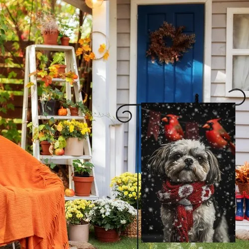 Hello Winter Shih Tzu Garden Flag Vertical Double Sided Cardinal Bird, 12x18 XXQ
