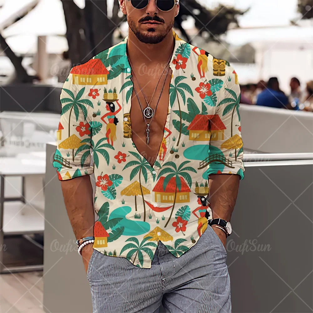 2022 3d Coconut Tree Print Hawaiian Shirts Streetwear New Male Clothes Loose Tops Shirt Men Men's Long Sleeve Shirts Lapel Shirt