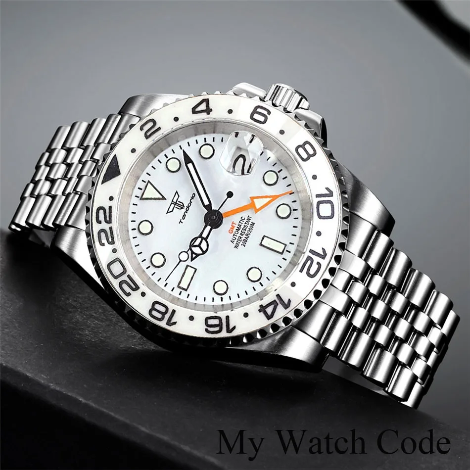 NH34A GMT Mechanical Watch for Men 200m Waterproof Divers Greenwich Steel White Wristwatch 904L Jubilee Bracelet 120Click Clock