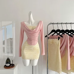 Spring Pink Sexy Sweet Elegant 2 Peice Sets Women Strapless Spicy Girl Vintage Short Party Dress Suit Female Lace Chic Outfits
