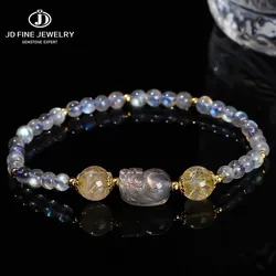 JD Natural Gray Moonstone Bead Pixiu Bracelet Women Fashion Irisation Labradorite Energy Wealth Charm Bangles Couple Wrist Gift