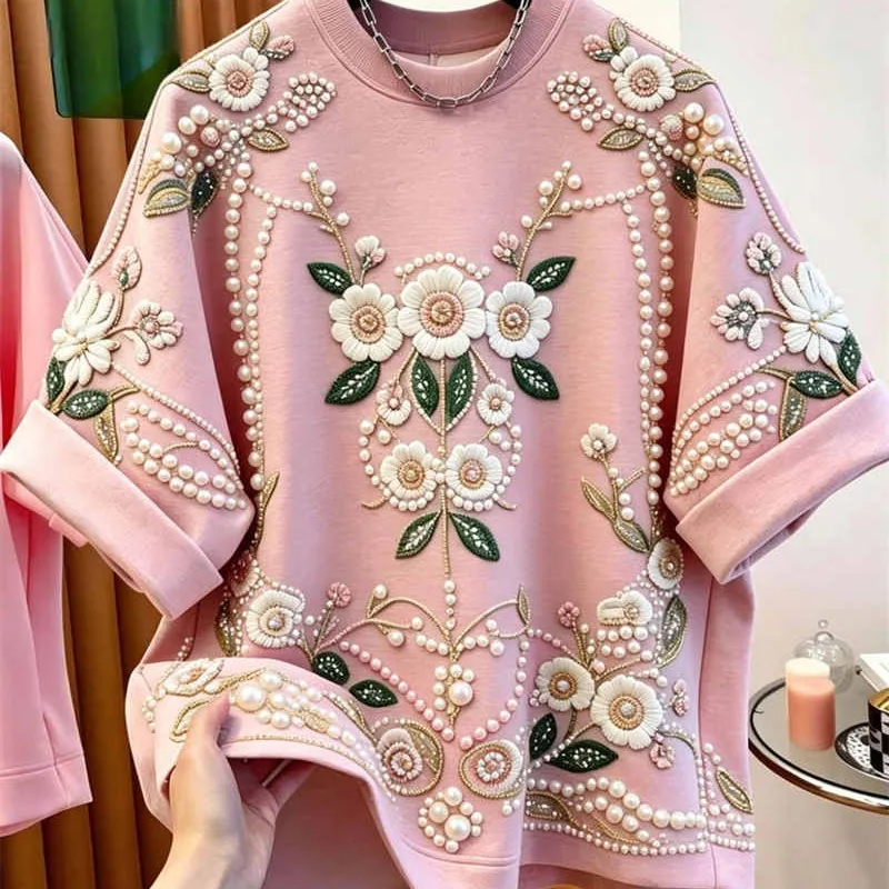 Women Blouse Pink Nail Bead Loose Short Sleeved T-shirt Summer Plus Size Floral Embroidery Fashion Top Both Men Women Same Style