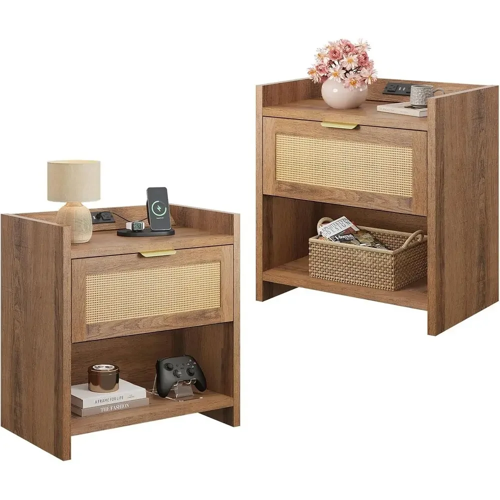 2-Piece Natural Oak Nightstands with Charging Station, Storage Drawer and Open Shelf for Bedroom