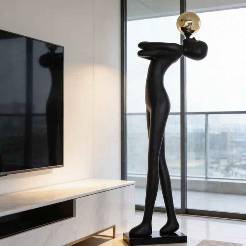 Large Life Size Eco Friendly Material Black Human with Ball Sculpture for Livingroom Interior Decoration