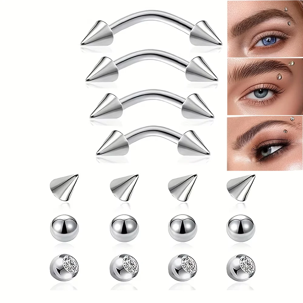 16pcs 16G Stainless Steel Eyebrow Rings Jewelry Curved Barbell Lip Piercings Ear Navel Belly Button Tongue Rings for Women Men