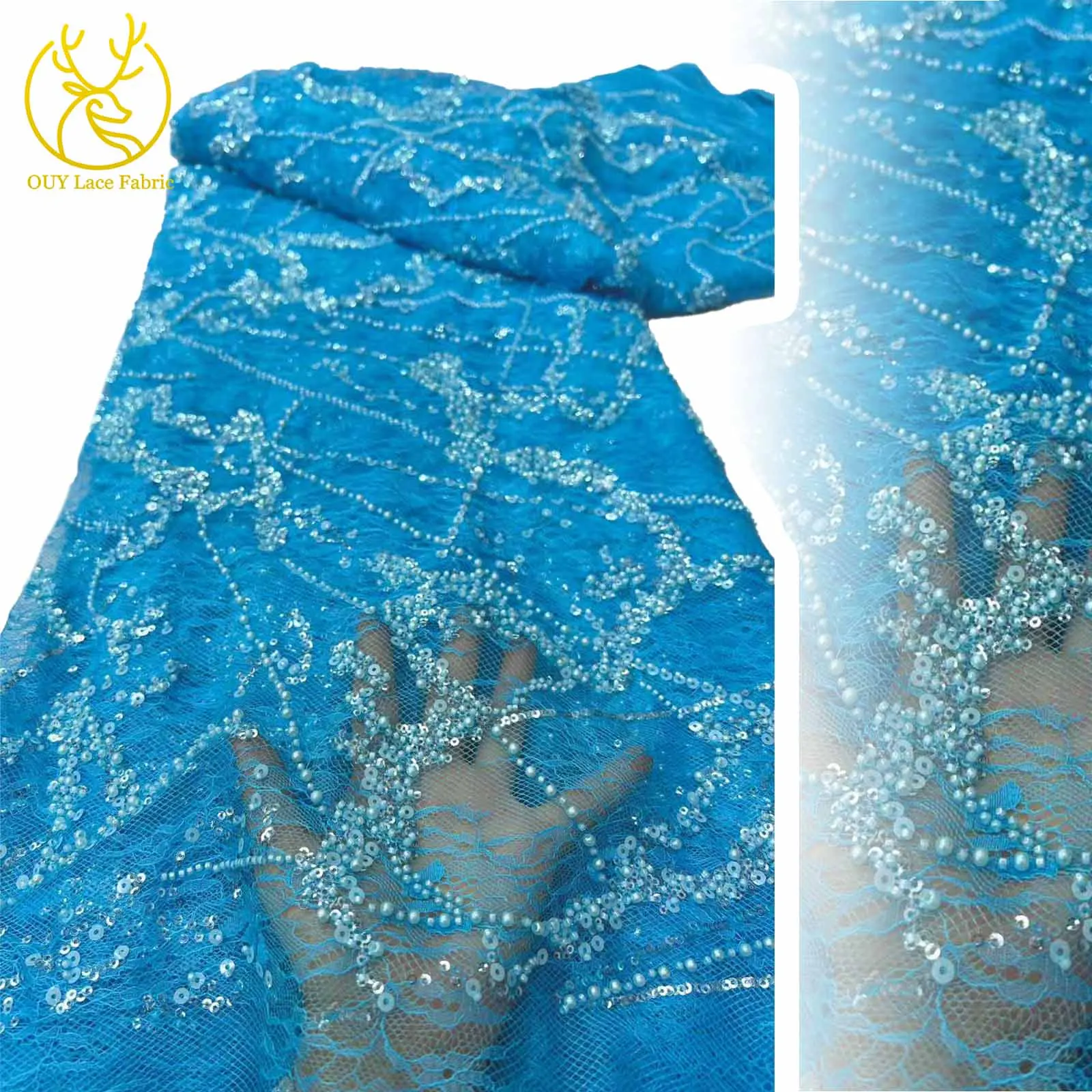 

Newest African Beaded Sequins Mesh Lace Fabric 2025 Beautiful Elegant Nigerian French Wedding Dress Sewing Material 5 Yards