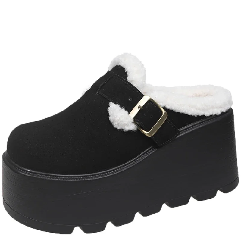 

9CM Women High Platform Slippers Wedges Shoes Woman Outside Leather Casual Chunky Sneakers 2025 New Winter Autumn Pluah Slippers