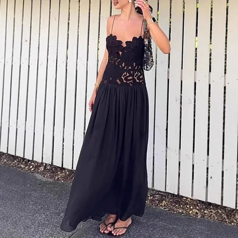 Verão rendas bordado plissado a linha vestidos vestido sexy sem costas estilingue oco vestido de baile novo jacquard crochê sólido vestido longo