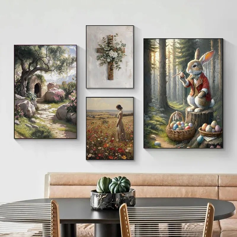 Floral Cross Jesus Christian Bunny Bible Doves Child Posters and Prints Canvas Printing Wall Art Picture for Living Room Decor