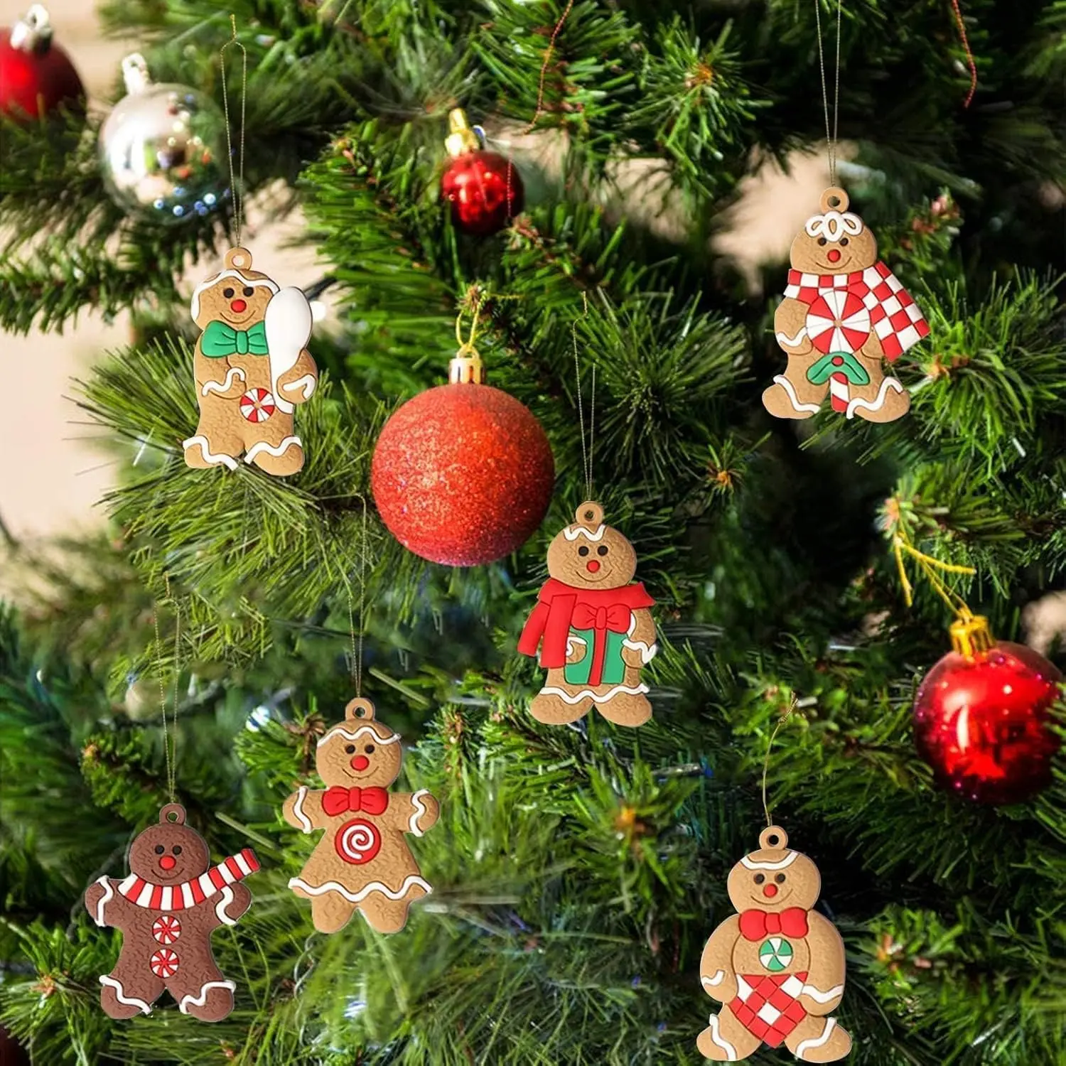 12 Stück Lebkuchenmann-Ornamente für den Weihnachtsbaum, verschiedene Lebkuchenfiguren-Ornamente, Weihnachtsbaum-Hängedekorationen – Detail 6