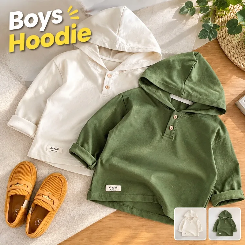 Hooded Boy Long Sleeve Sweatshirt Pure Cotton Autumn Outfit New Kid Medium Toddler Fall Base Shirt Trendy Youth Casual Apparel