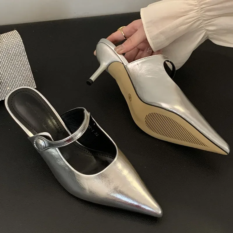 Fashion Pointed Toe Pumps Women Thin Heels Shoes 2024 New Female Slip On Footwear Ladies High Heels Shoes Slippers Mules