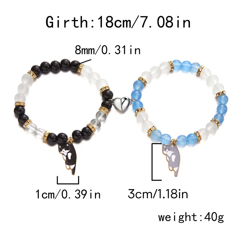 Passende magnetische Paar-Armbänder für Liebhaber, süßer Katzen-Anhänger, Freundschaftsschmuck, Naturstein-Perlen-Armreifen, Valentinstagsgeschenk – Detail 11