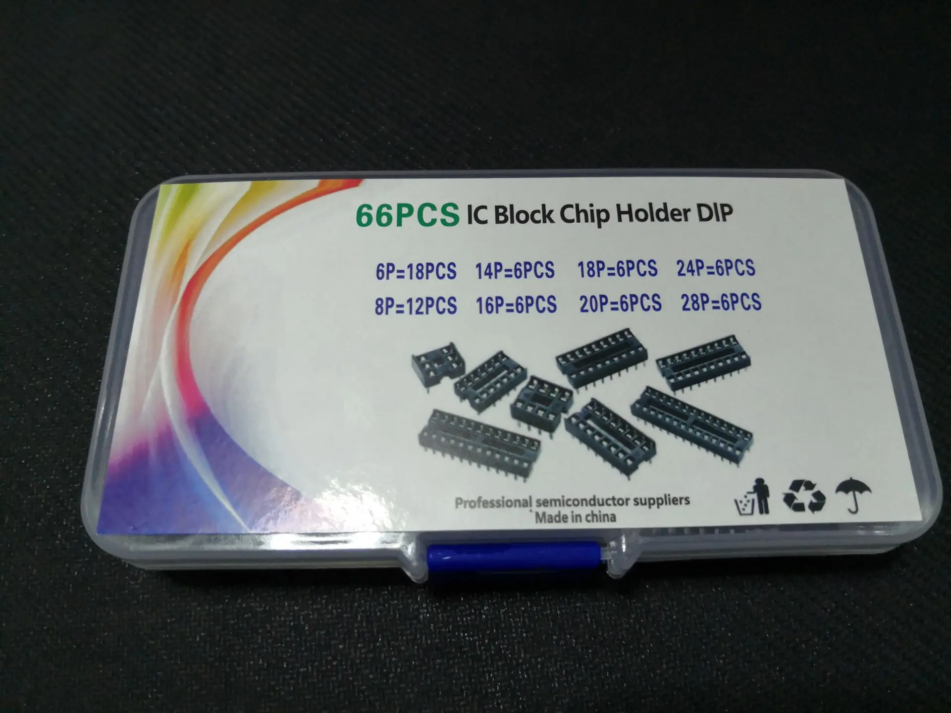 IC Socket Adapter Box Kit 8 values=66pcs 6pin/8pin/14pin/16pin/18pin/20pin/24pin/28pin 2.54mm Ic Block Chip Holder Plug-in Dip