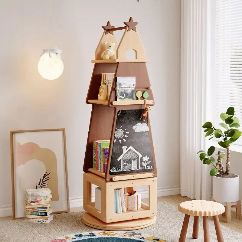 Multi-layer rotating bookshelf, all solid wood bookcase, reading picture book rack, Christmas tree storage cabinet