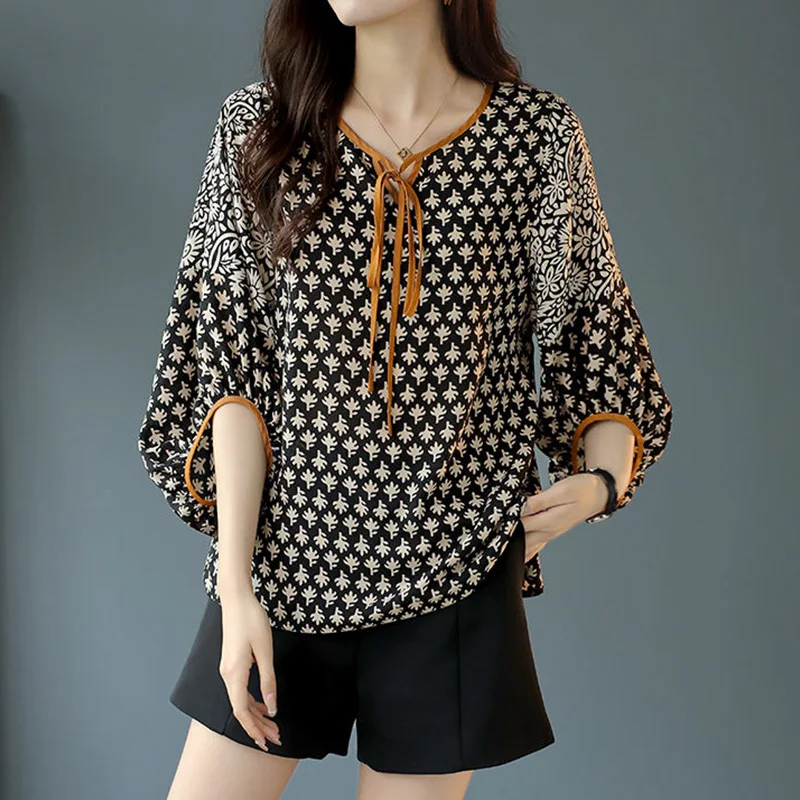 

Elegant Fashion Bow Drawstring Printing Patchwork Chiffon Shirt Summer 2026 O-Neck Half Sleeve Pullovers Blouse Women's Clothing