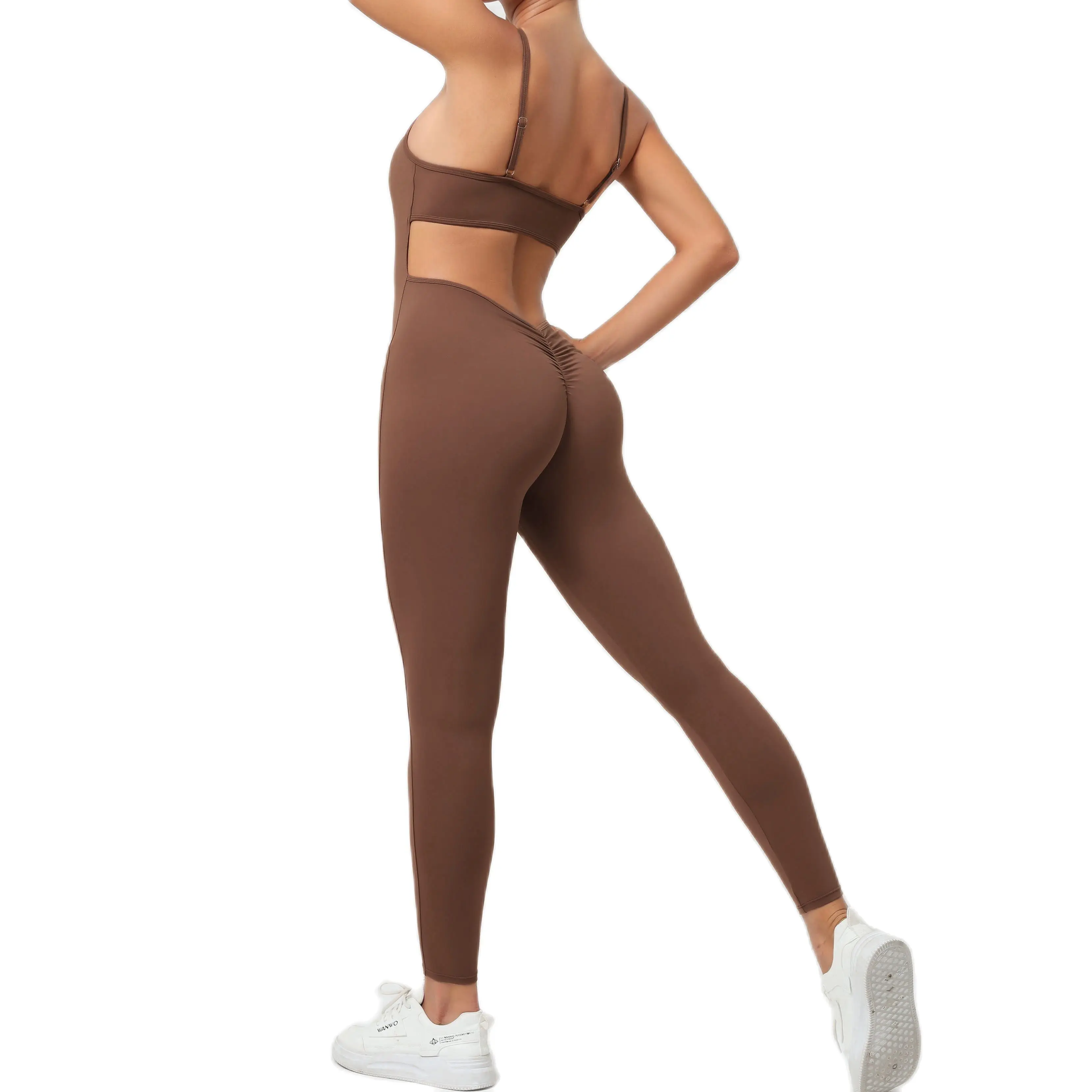 2023 Pad Training Fitness Yoga Sets Bodysuit One Piece Jumpsuit Back V Scrunch Workout Pant Leggings Female Romper Active Suits