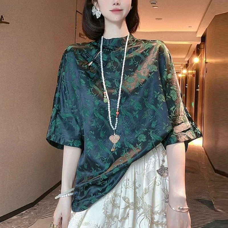 2024 New Summer Chinese Style Fashion Minimalist Mid Length Loose Bat Sleeve Standing Neck Printed Button Women\'s Shirt Top