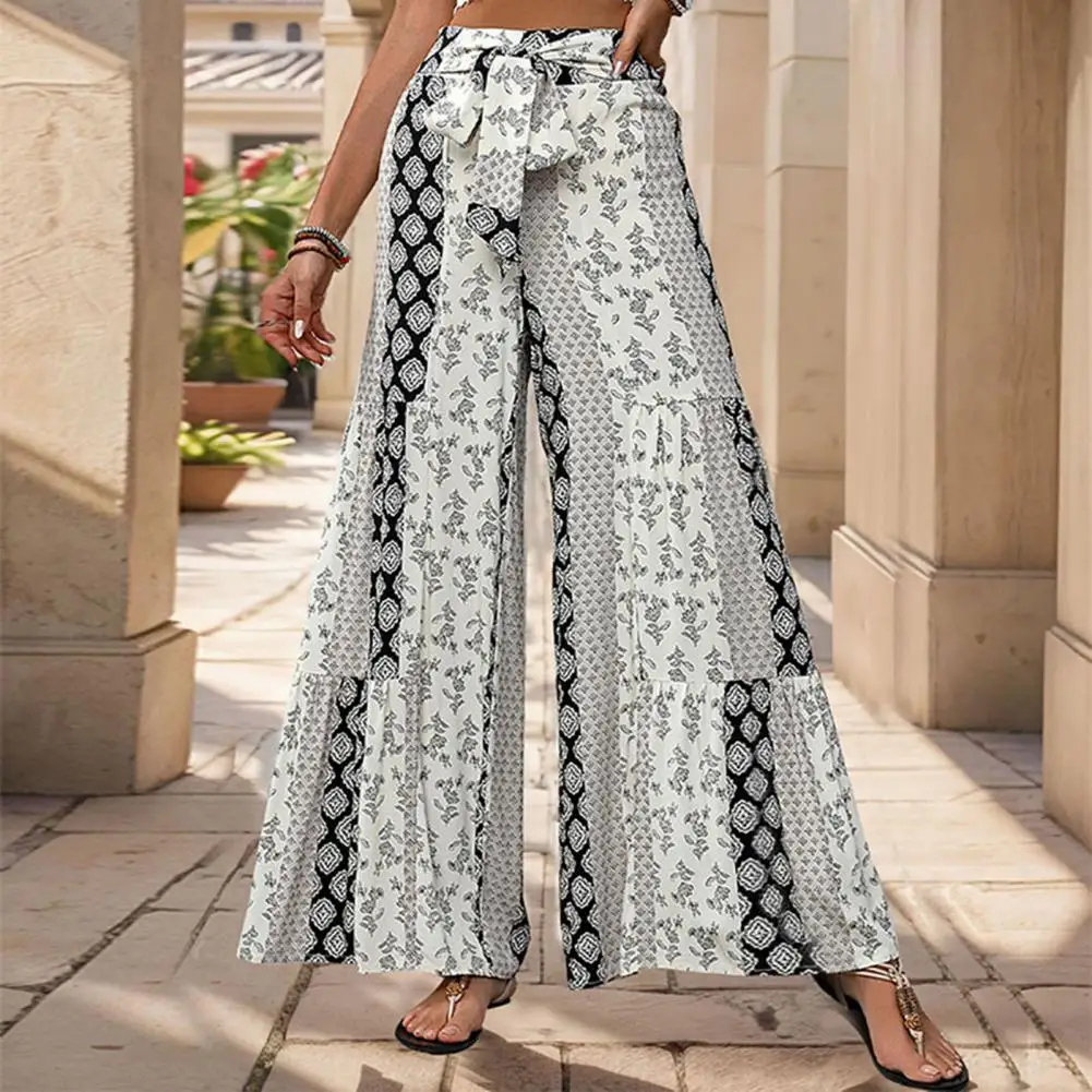 Women Pants Women Straight Leg Pants Ethnic Style Lace-up Beach Trousers for Women Loose Fit Wide Leg Pants with High Waist