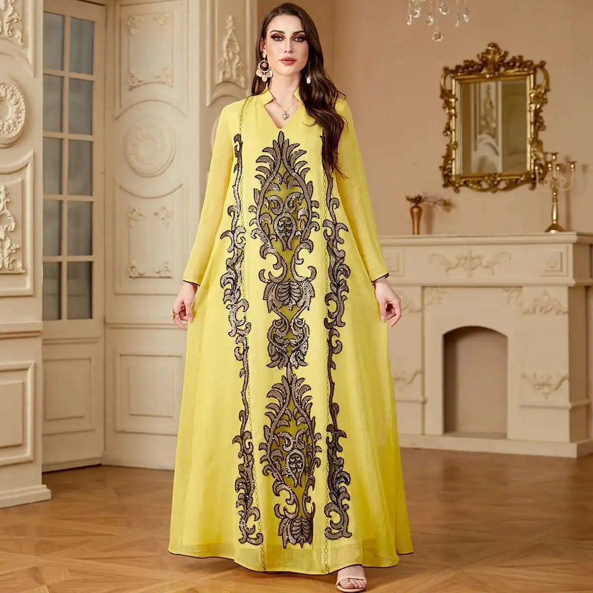 4169 Dames Gewaad Slin Geborduurde Jurk Herfst Winter Nieuwe Stijl Mu Lange Jurk Gewaad Abaya Ramadan Dubai Luxe Islam Elegant