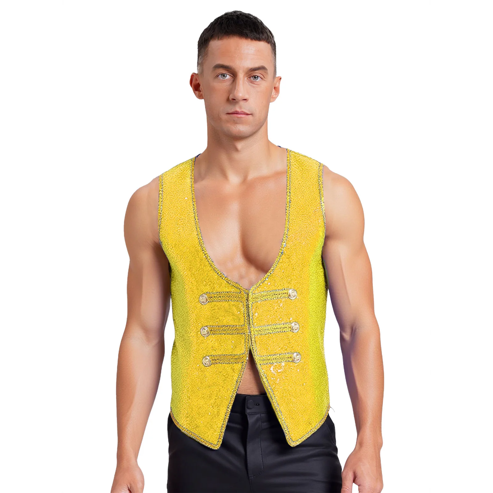 남자 반짝 이는 스팽글 Ringmaster Tailcoat 조끼 양복 조끼 할로윈 테마 파티 롤 플레잉 의상을위한 골드 트림 민소매 자켓