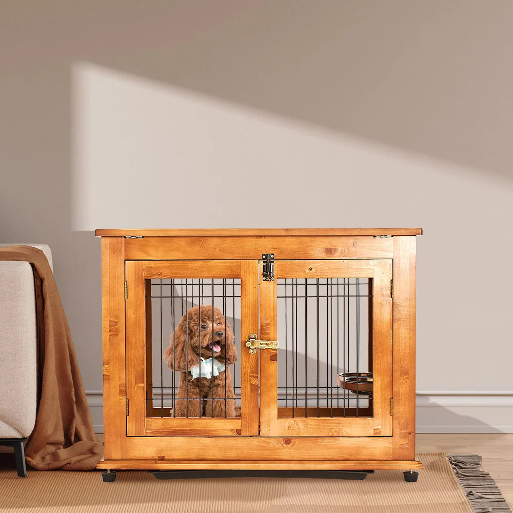 Wooden Pet House Furniture 360 Rotatable Removable Dog Bowls Cat Dog Cages And Crates Kennel Indoor Kennels For Dogs