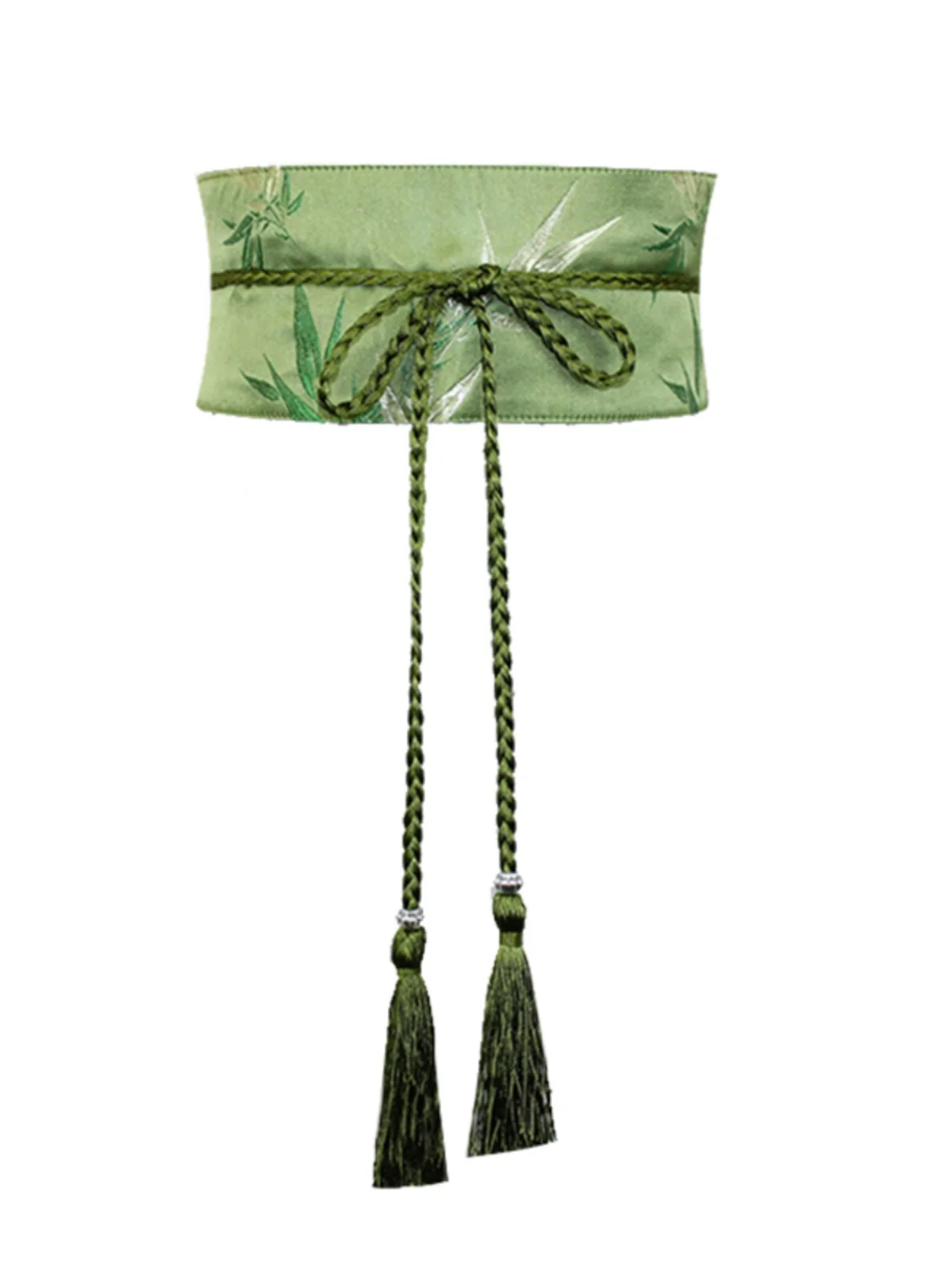 Women Vintage Style Bamboo Leaf Brocade Satin Obi Belt Embroidered Waistband with Tassel, Slimming Decorative Accessory