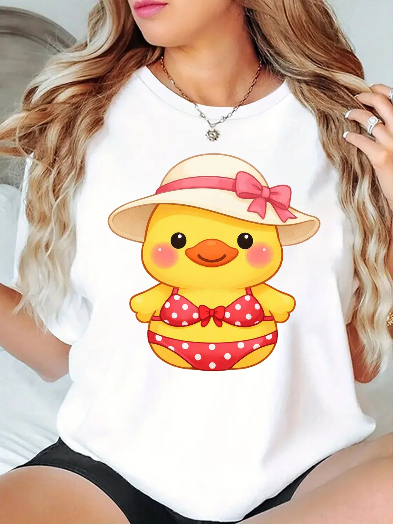 Cute Summer Yellow Duck Red Polka Dot Bikini Straw Hat Graphic Womens T Shirt Short Sleeve Crew Neck Holiday Daily Ladies Tops