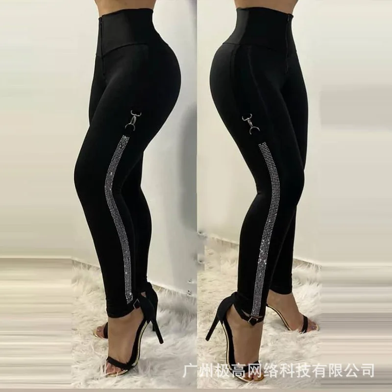 

2026 spring/summer new item in stock fashionable black sparkling diamond ribbon tight pants for women