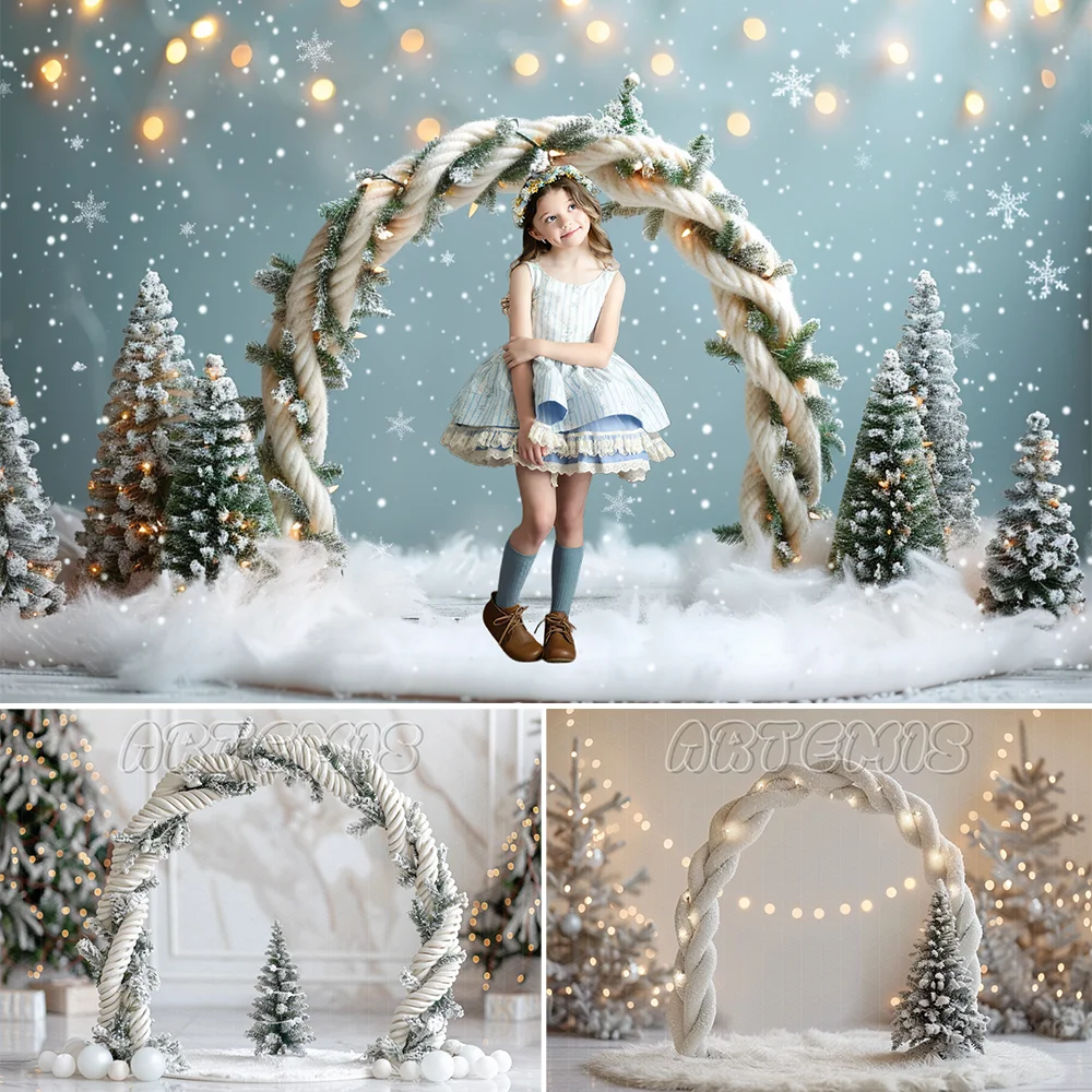 Christmas Backdrop Arch White Twisted Garland Christmas Tree Braided Rope Greenery Snowflakes Background Photo Studio Photocall