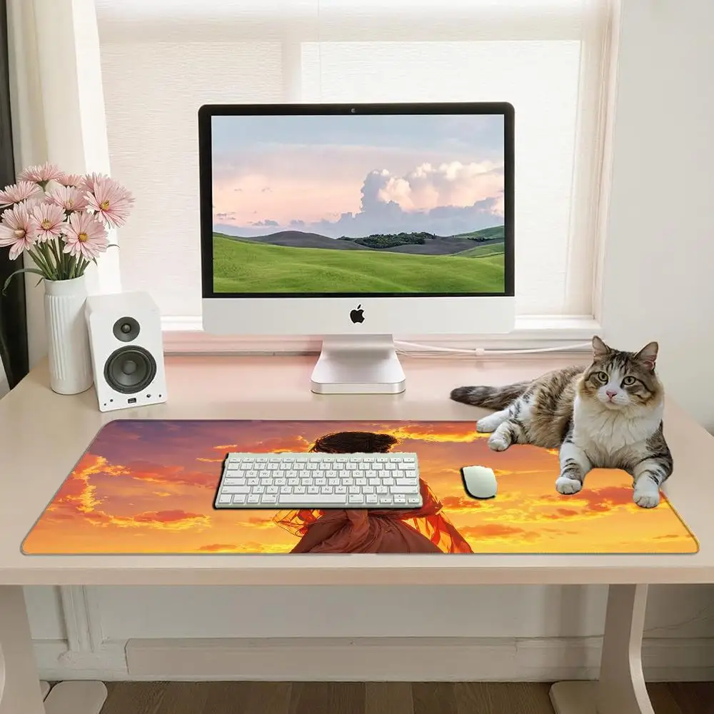 Anime Girl Back View Sunset Glow Sky Large Mouse Pad Elegant Lady Orange Cloud Scenery alfombrillas para escritorio