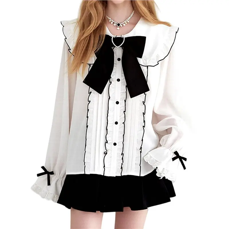 

CYL-Womens Long Sleeve Shirts Collar Button Down Blouse Casual Spring Ruffled Tops