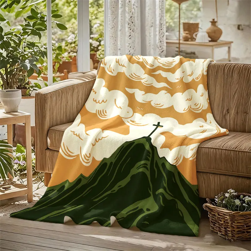 Cross Mountain Clouds Art Flannel Blanket Perfect for Sofa Office Bed Travel Sleep Read Relax Camping Four Season Use