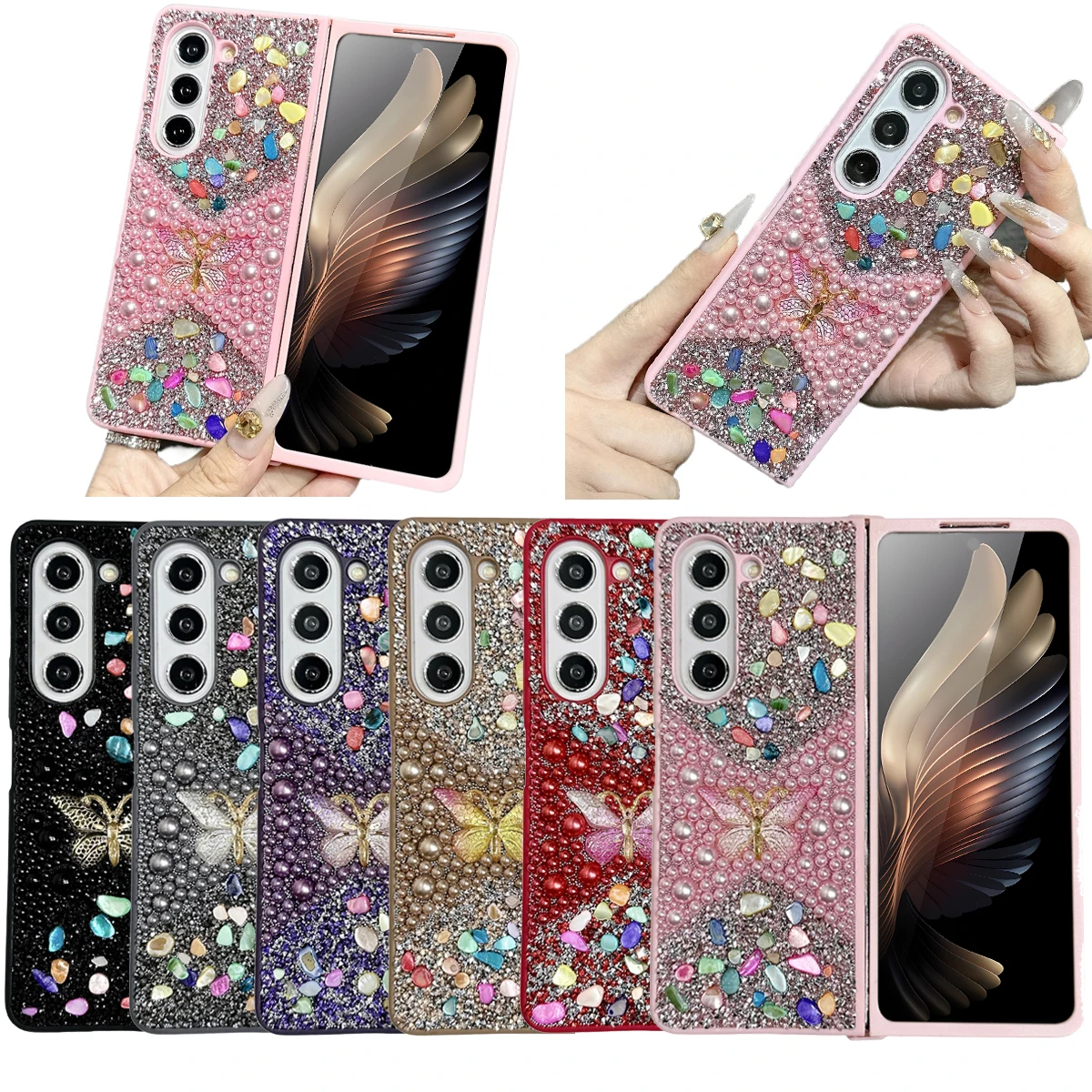 For Samsung Galaxy Z Fold 3 4 5 6 Luxury Cute Lady Diamond Stone Rainbow Butterfly Phone Case Cover